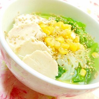 ❤吹立菜とコーンと鶏ハムの糸蒟蒻ラーメン（風）❤